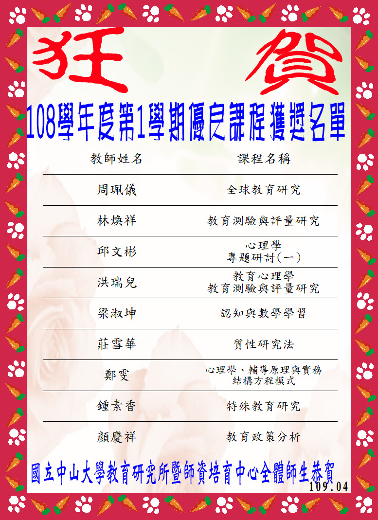 108-1優良課程獲獎名單